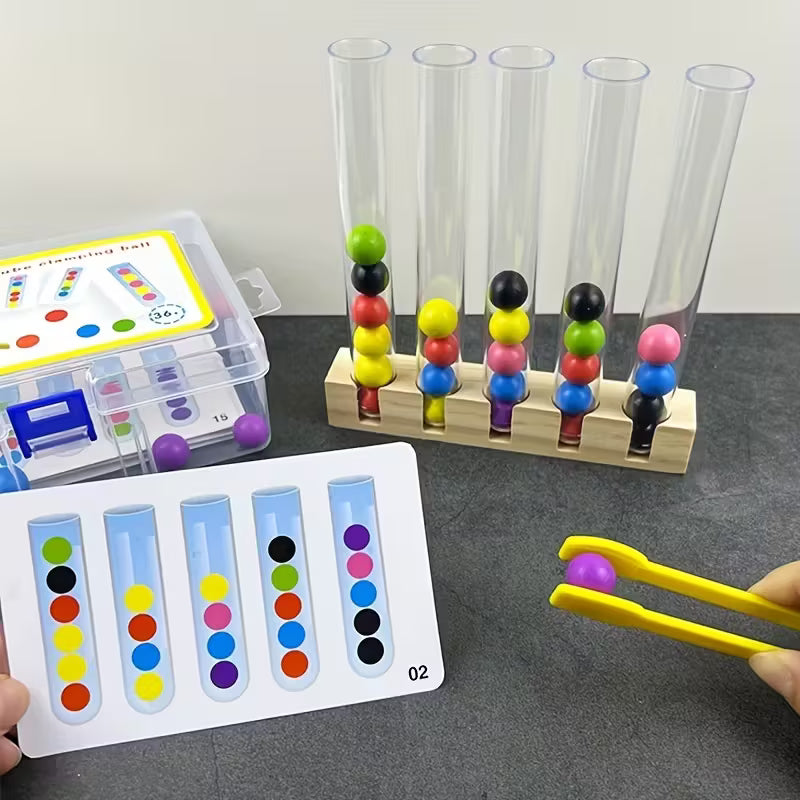 Wooden Bead Sorting Test Tube Toy – Educational Montessori Game for Kids with Clamp & Tweezers | Fine Motor Skill Development