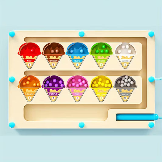 Wooden Magnetic Maze Puzzle  Color Sorting & Number Learning Toy for Kids | Ice Cream Design Educational Game