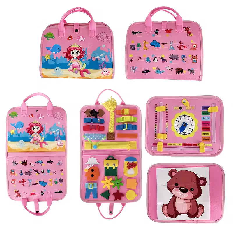 Pink Busy Board Toy  Montessori Sensory Activity Center with Zippers, Locks & Buttons | Fine Motor Skills & Cognitive Learning Toy