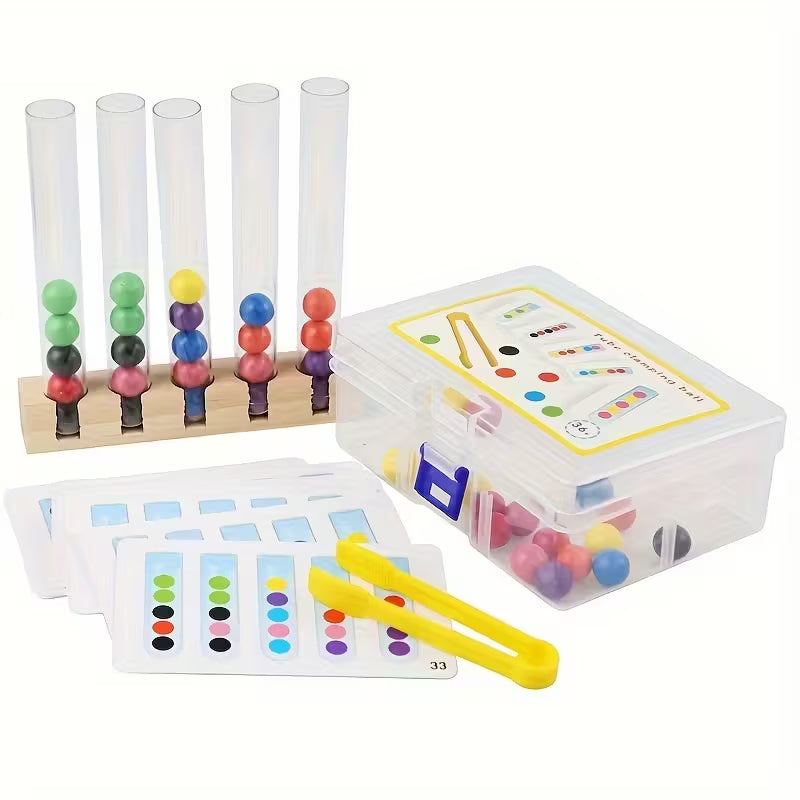 Wooden Bead Sorting Test Tube Toy – Educational Montessori Game for Kids with Clamp & Tweezers | Fine Motor Skill Development