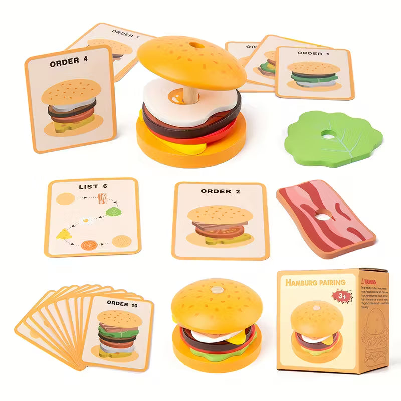 Burger Building Blocks Set – Educational Stacking Toy for Kids with Order Cards | Fine Motor & Logical Thinking Game (Ages 3+)