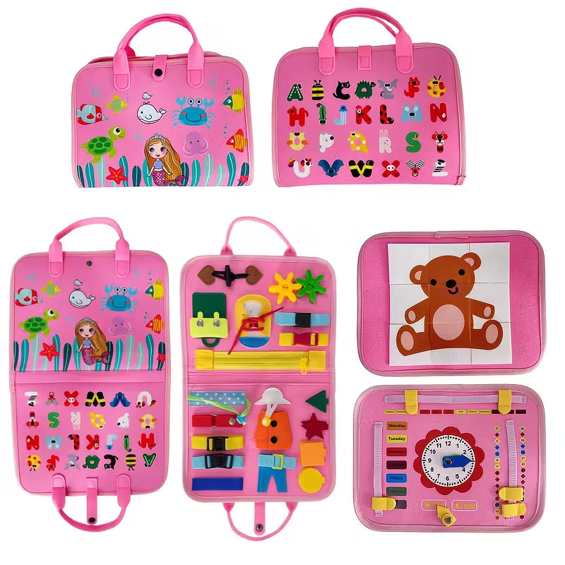 Pink Busy Board Toy  Montessori Sensory Activity Center with Zippers, Locks & Buttons | Fine Motor Skills & Cognitive Learning Toy