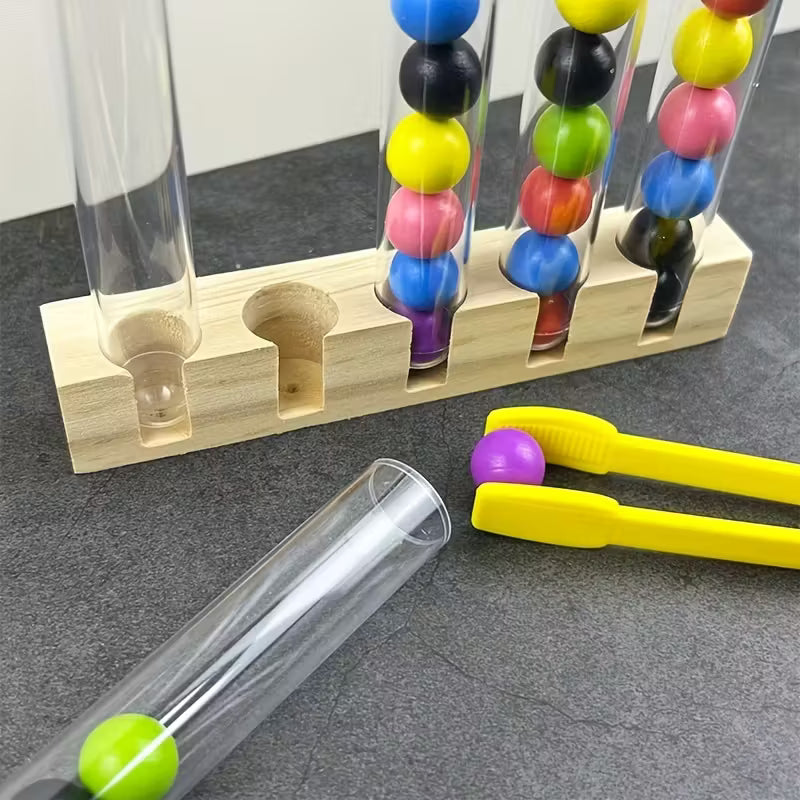 Wooden Bead Sorting Test Tube Toy – Educational Montessori Game for Kids with Clamp & Tweezers | Fine Motor Skill Development