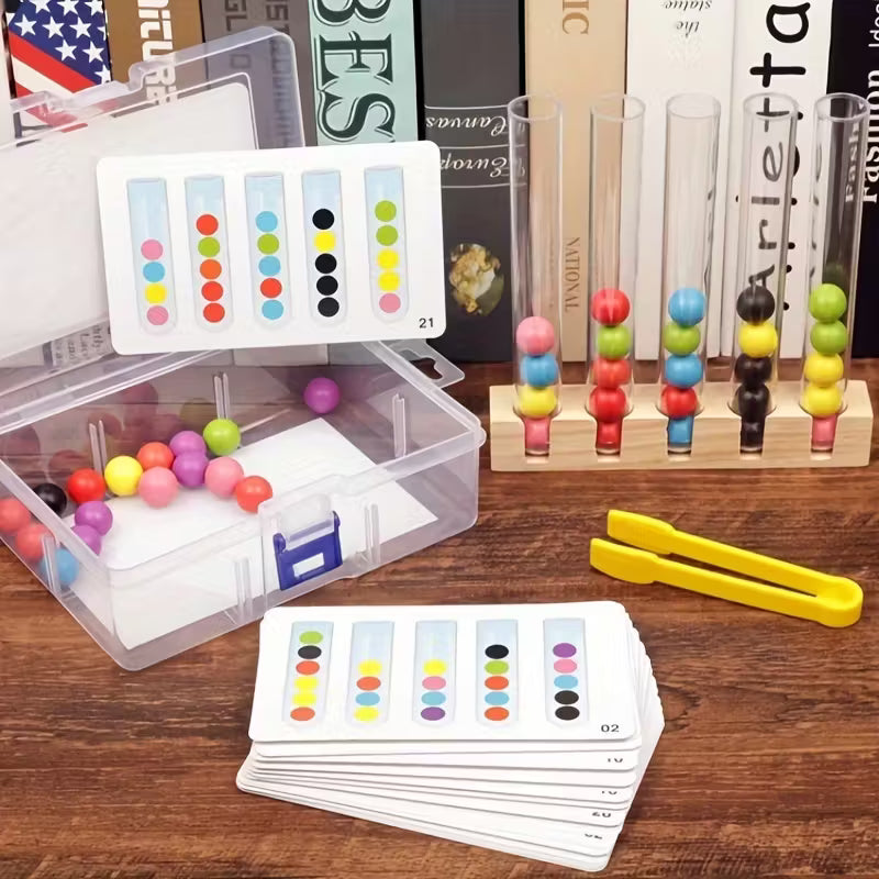 Wooden Bead Sorting Test Tube Toy – Educational Montessori Game for Kids with Clamp & Tweezers | Fine Motor Skill Development