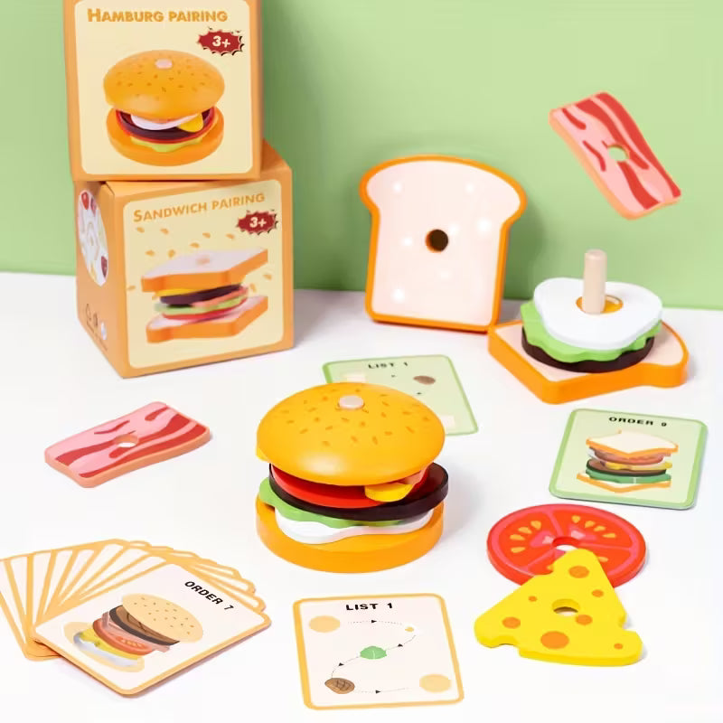 Burger Building Blocks Set – Educational Stacking Toy for Kids with Order Cards | Fine Motor & Logical Thinking Game (Ages 3+)