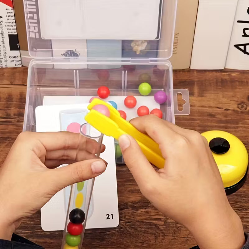 Wooden Bead Sorting Test Tube Toy – Educational Montessori Game for Kids with Clamp & Tweezers | Fine Motor Skill Development