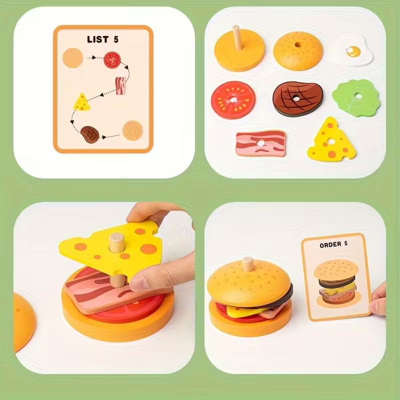 Burger Building Blocks Set – Educational Stacking Toy for Kids with Order Cards | Fine Motor & Logical Thinking Game (Ages 3+)