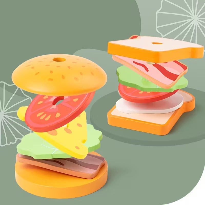 Burger Building Blocks Set – Educational Stacking Toy for Kids with Order Cards | Fine Motor & Logical Thinking Game (Ages 3+)